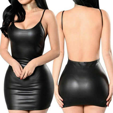 Faux Leather Dress Backless Short Dress