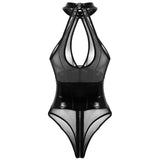 One-piece Sexy Wet Look Patent Leather Sheer Mesh Splice Lingerie Halter Neck Breast Hollow Out High Cut Leotard Bodysuit