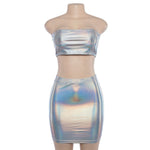 Wet Look Slim Holographic 2 piece Tube Top and Mini Skirt