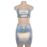 Wet Look Slim Holographic 2 piece Tube Top and Mini Skirt