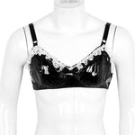 Men Wetlook Faux Leather Bra Top Spaghetti Straps