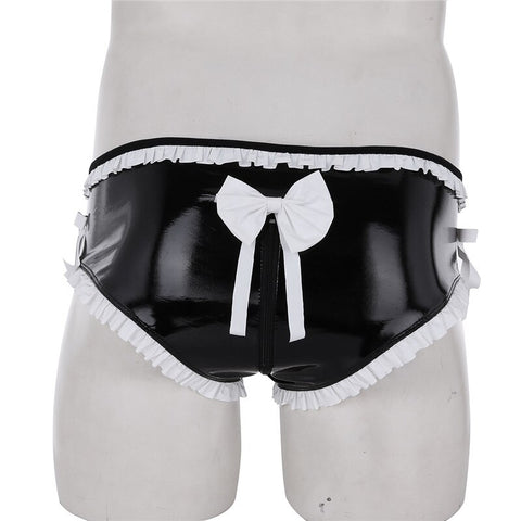 Shiny Faux Leather Open Front Underwear Bikini Penis ring Zipper Crotch Sissy Underpants