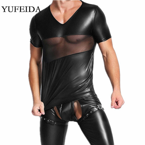 Men's Faux Leather Mesh Short Sleeve Tops&  PVC Leather Trousers