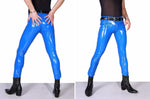 Sexy Men High Elastic Blue PVC Shiny Pencil Pants Tight Faux Leather Zipper Front Fashion