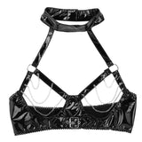 PU Leather Open Cups Bra Halter Neck Hollow Out Bust with Metal Chain Tassel