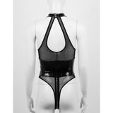 One-piece Sexy Wet Look Patent Leather Sheer Mesh Splice Lingerie Halter Neck Breast Hollow Out High Cut Leotard Bodysuit