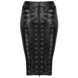 Womens Knee Length Zipper Wet Look  Black PU Leather Skirt