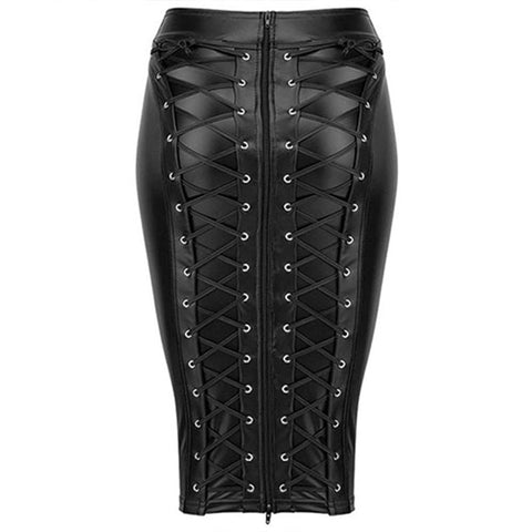 Womens Knee Length Zipper Wet Look  Black PU Leather Skirt