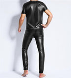 Men's Faux Leather Mesh Short Sleeve Tops&  PVC Leather Trousers