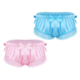 Sissy Shiny Soft Satin Lingerie Ruffled Floral Lace Cute Bowknot Knickers