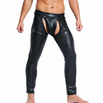 Men's Faux Leather Mesh Short Sleeve Tops&  PVC Leather Trousers