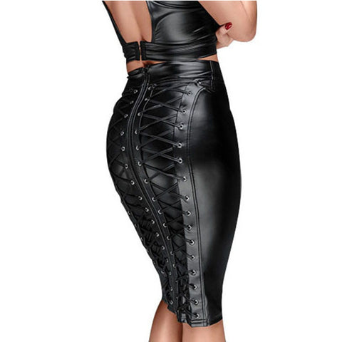 Black Faux Leather Skirt Sexy Punk Back Zipper Lace Up Wrap Pencil Skirt