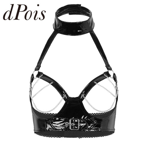 PU Leather Open Cups Bra Halter Neck Hollow Out Bust with Metal Chain Tassel